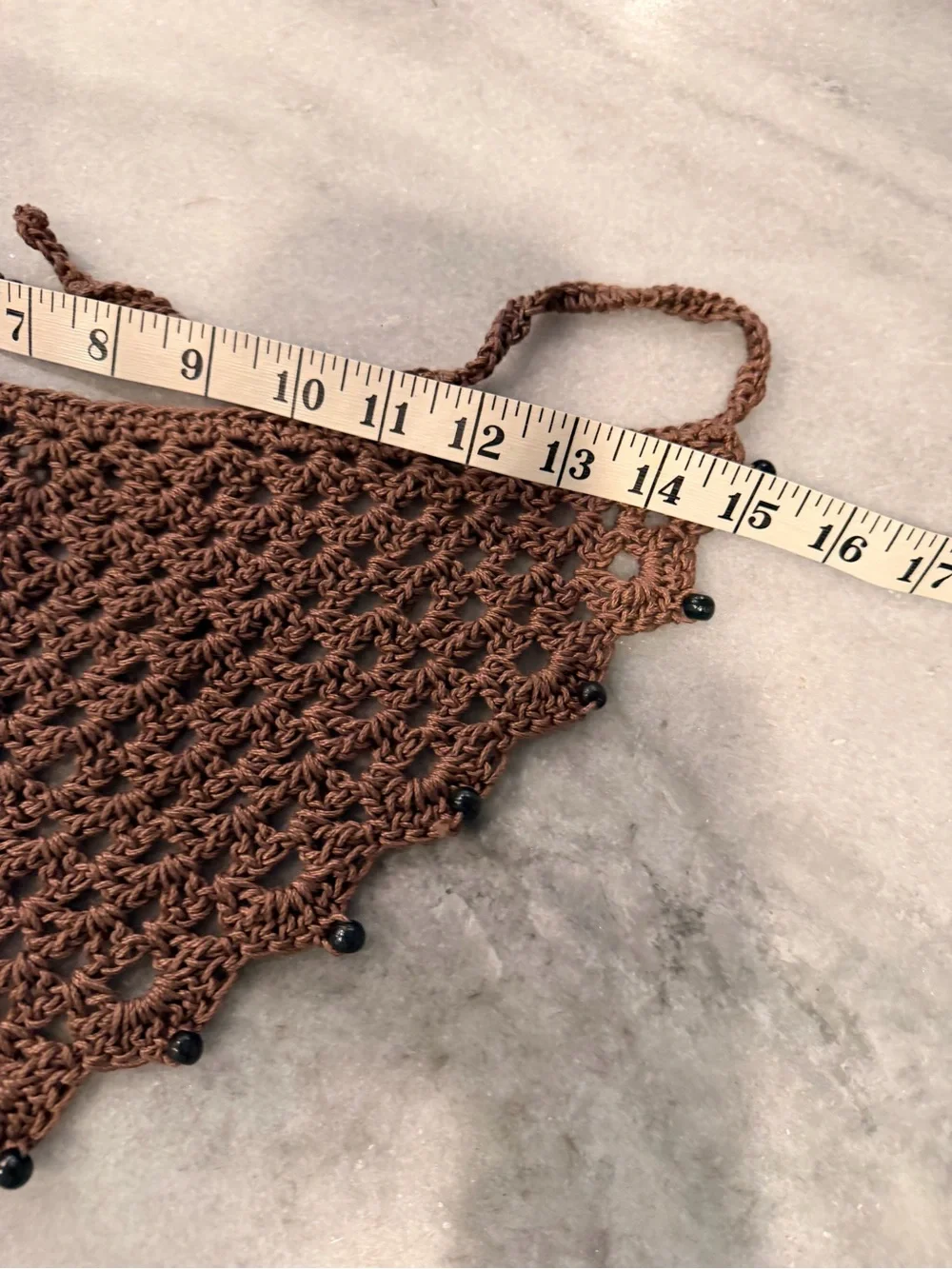 Handmade Crochet Wood Beaded Kerchief Head Scarf Cotton Boho Bandana Cottagecore